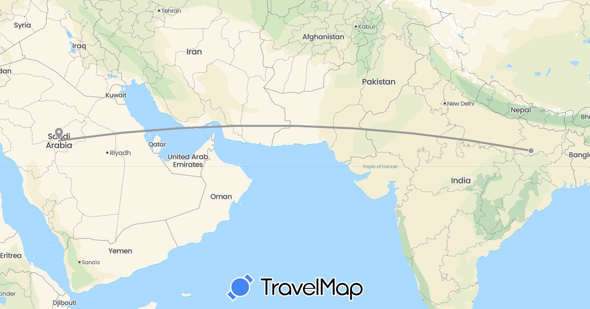 TravelMap itinerary: plane in India, Saudi Arabia (Asia)